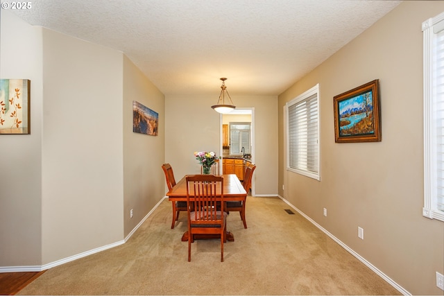 carpeted dining room featuring sink and a textured ceiling