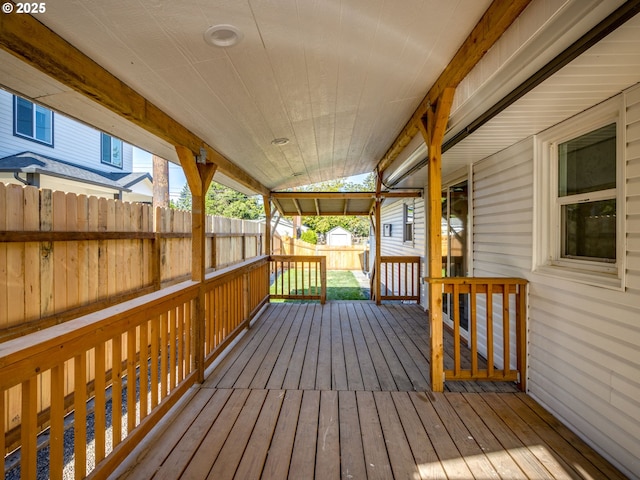 wooden deck with a fenced backyard