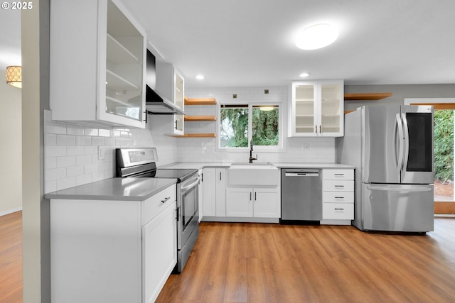 kitchen with sink, appliances with stainless steel finishes, white cabinetry, backsplash, and light wood-type flooring