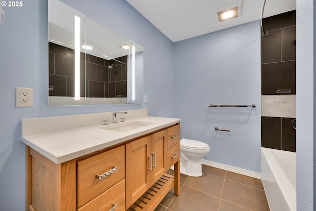 full bathroom with tiled shower / bath, vanity, toilet, and tile patterned flooring