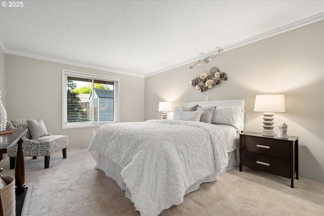 bedroom featuring light colored carpet and ornamental molding