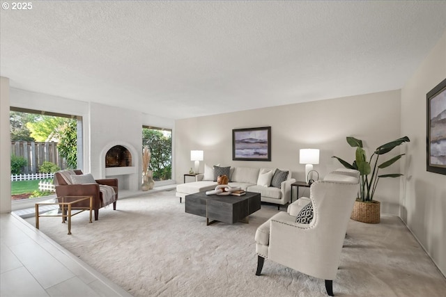 living room featuring a textured ceiling
