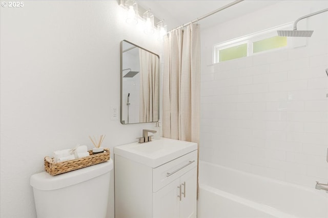 8426 NE Sumner St, Portland, OR 97220 - bathroom featuring vanity, toilet, and shower / bathtub combination with curtain