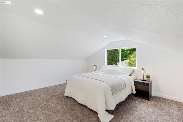 bedroom featuring baseboards, carpet flooring, lofted ceiling, and recessed lighting
