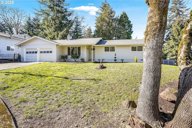 ranch-style home with driveway, a chimney, an attached garage, fence, and a front lawn