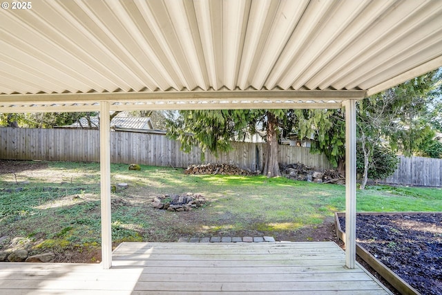 view of yard featuring a fenced backyard and a wooden deck