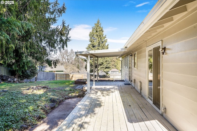 wooden terrace with a fenced backyard