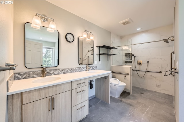 22160 NE Lachenview Ln, Fairview, OR 97024 - bathroom with marble finish flooring, double vanity, a marble finish shower, toilet, and tasteful backsplash