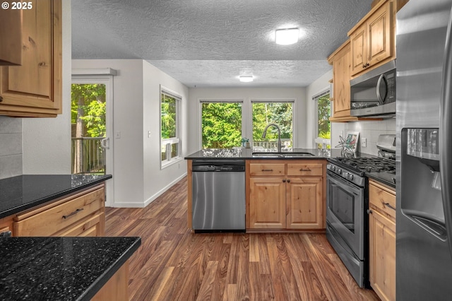 1629 NW Orchard Ave, Gresham, OR 97030 - kitchen with appliances with stainless steel finishes, a sink, a peninsula, dark wood finished floors, and tasteful backsplash