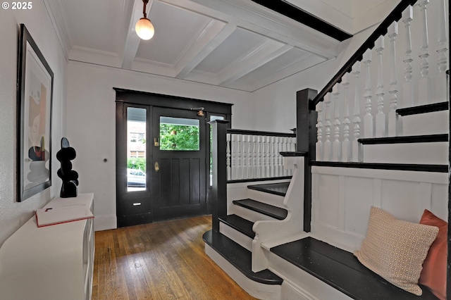 26 NW 22nd Pl, Portland, OR 97210 - foyer featuring stairway, hardwood / wood-style floors, beamed ceiling, crown molding, and a decorative wall