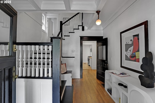 26 NW 22nd Pl, Portland, OR 97210 - stairway featuring ornamental molding and wood finished floors