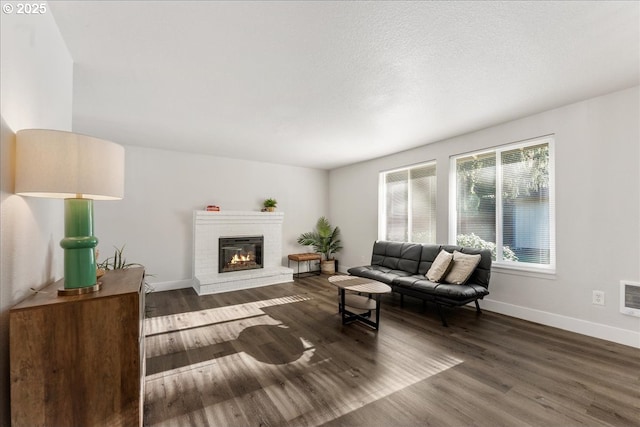 living room with a fireplace and dark hardwood / wood-style flooring