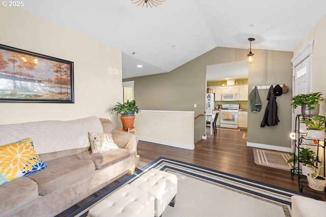 living room with dark wood-type flooring and vaulted ceiling