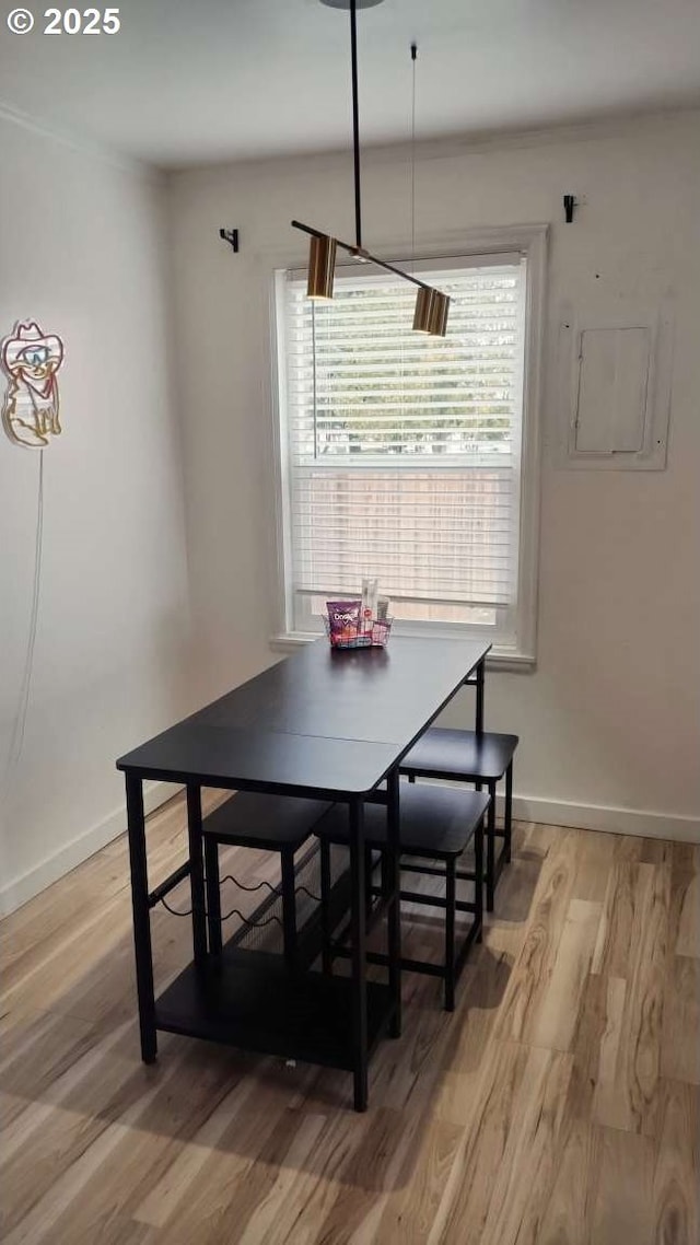 dining area with light wood-style floors, baseboards, and a wealth of natural light