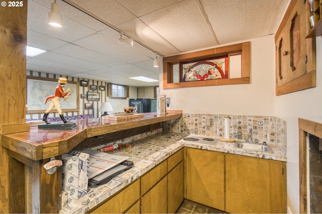 bar with a sink, rail lighting, electric cooktop, tasteful backsplash, and refrigerator