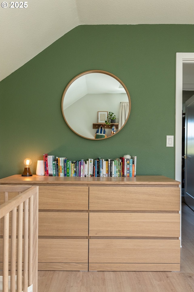interior space with light wood finished floors and lofted ceiling