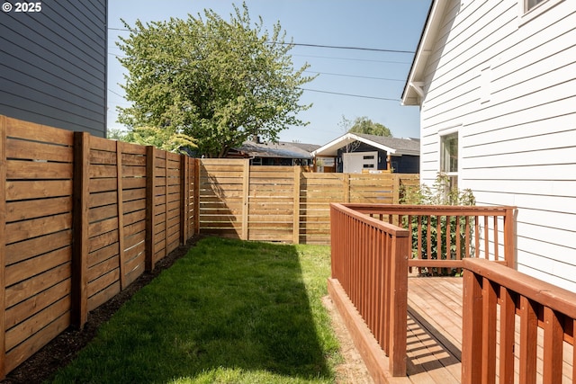 view of yard with a fenced backyard and a wooden deck