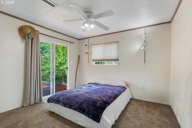 12791 Sutherland Rd, Swisshome, OR 97480 - bedroom featuring carpet flooring, a ceiling fan, ornamental molding, and access to outside