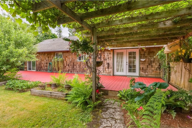 12791 Sutherland Rd, Swisshome, OR 97480 - deck featuring french doors, a pergola, and a yard