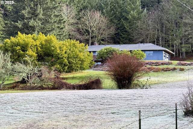 view of yard with a water view and a view of trees