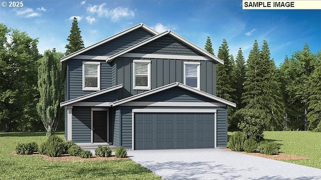 view of front of home with board and batten siding, a front lawn, decorative driveway, and a garage