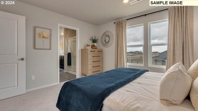 carpeted bedroom with ensuite bath