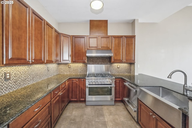 kitchen featuring appliances with stainless steel finishes, under cabinet range hood, a sink, and tasteful backsplash