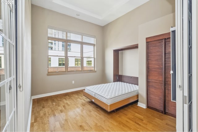 bedroom with wood finished floors, baseboards, and a closet