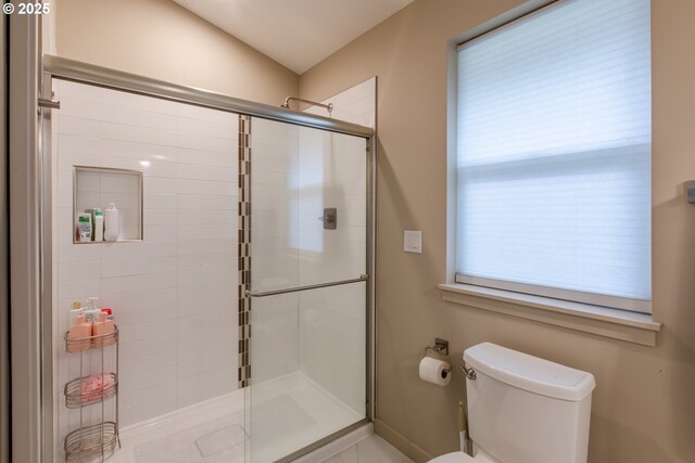 bathroom with a wealth of natural light, a stall shower, and toilet