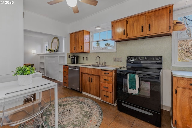 kitchen with black electric range oven, sink, stainless steel dishwasher, ceiling fan, and decorative backsplash