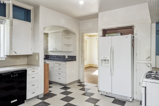 kitchen featuring white appliances, light floors, white cabinetry, open shelves, and light countertops