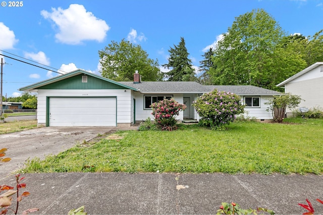 single story home with an attached garage, a front lawn, driveway, and a chimney