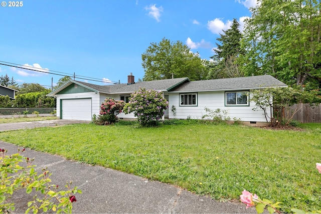 single story home featuring a garage, concrete driveway, and crawl space