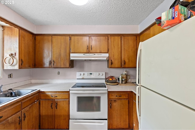 kitchen with white appliances, under cabinet range hood, a textured ceiling, brown cabinets, and light countertops