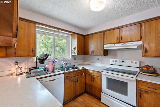 kitchen with white appliances, under cabinet range hood, a sink, a textured ceiling, and light countertops