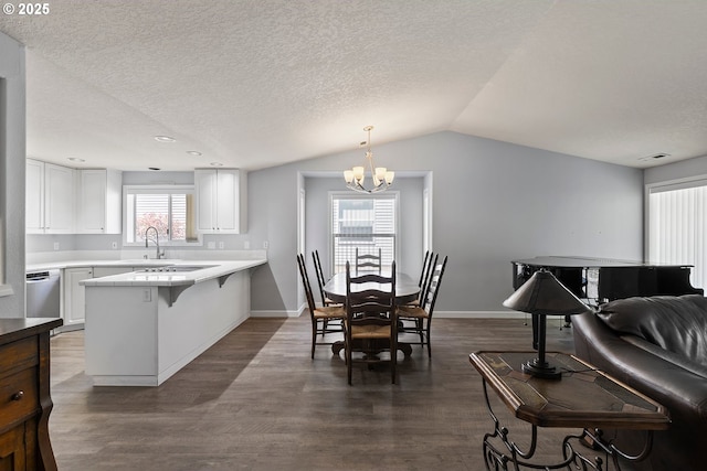 15917 NE Union Rd Unit 109, Ridgefield, WA 98642 - dining area featuring a chandelier, dark wood-style flooring, baseboards, vaulted ceiling, and a textured ceiling
