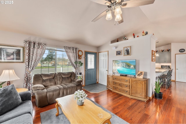 13130 Lookingglass Rd, Winston, OR 97496 - living room featuring ceiling fan, wood finished floors, and vaulted ceiling
