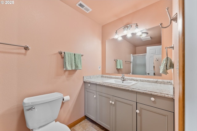13130 Lookingglass Rd, Winston, OR 97496 - bathroom with visible vents, baseboards, toilet, vanity, and a stall shower