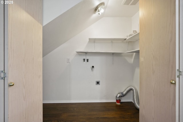 clothes washing area with hookup for a washing machine, electric dryer hookup, and dark hardwood / wood-style flooring