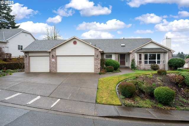 single story home featuring a shingled roof, brick siding, driveway, and an attached garage