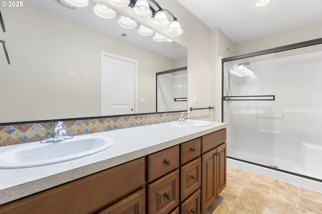 381 SE Regan Hill Loop, Estacada, OR 97023 - full bath featuring a shower stall, double vanity, and tasteful backsplash