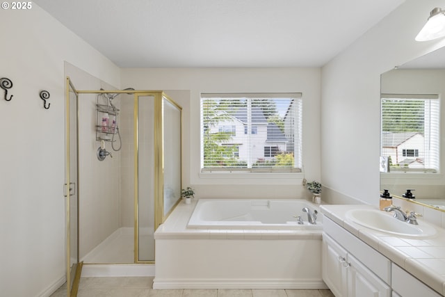 16205 SW Blackbird Dr, Beaverton, OR 97007 - bathroom with a bath, a stall shower, vanity, and tile patterned flooring