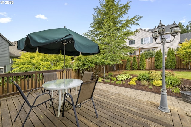16205 SW Blackbird Dr, Beaverton, OR 97007 - wooden terrace featuring outdoor dining area and a fenced backyard
