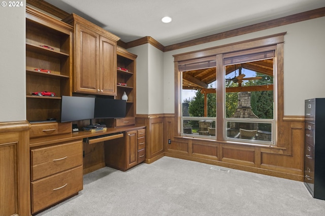 office with light colored carpet and ornamental molding