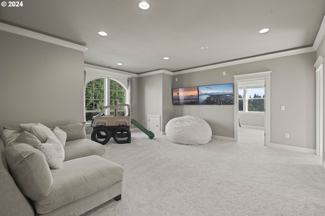 carpeted living room featuring a wealth of natural light and crown molding