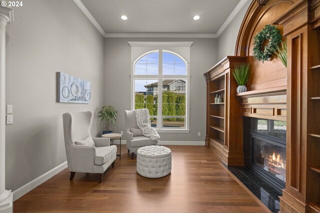 living room featuring dark hardwood / wood-style flooring, a large fireplace, and sink