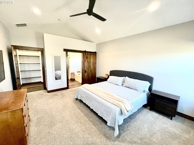 bedroom featuring carpet floors, lofted ceiling, baseboards, recessed lighting, and a ceiling fan