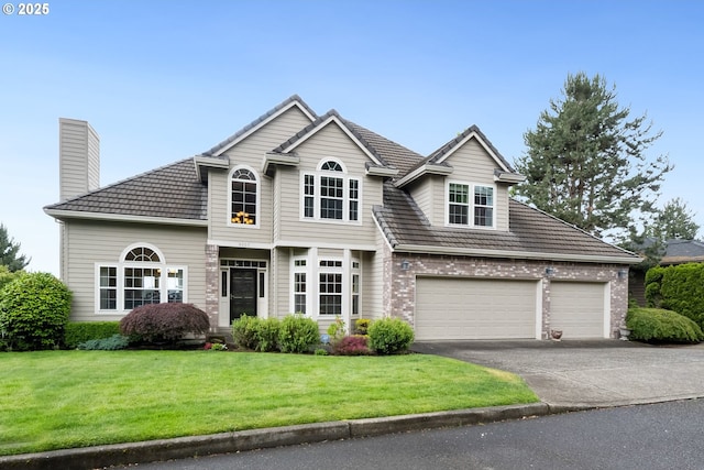 traditional-style home featuring driveway, a garage, a chimney, a front lawn, and brick siding