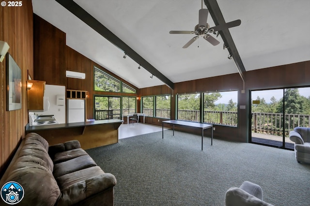 202 Trailside Loop, Eugene, OR 97405 - game room featuring rail lighting, high vaulted ceiling, wooden walls, plenty of natural light, and a ceiling fan
