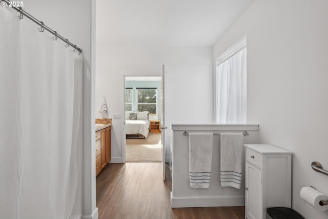 bathroom featuring vanity and hardwood / wood-style flooring